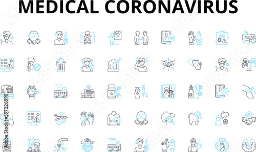 Medical coronavirus linear icons set. Pandemic, Outbreak, Quarantine, Contagious, Respiratory, Transmission, Symptoms vector symbols and line concept signs. Vaccination,Mutation,Social distancing