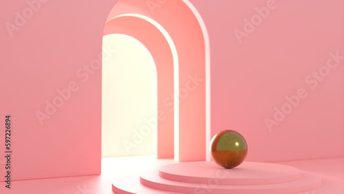 Conceptual,  pink portal with golden sphere. Cinematic Light.