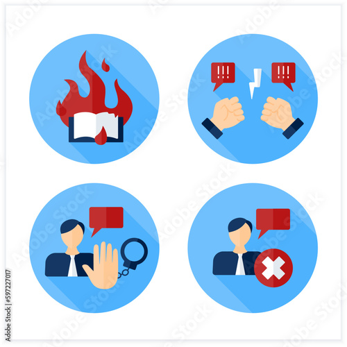 Censorship flat icons set.Book burn, controversial, cancel culture, chilling effect. Society concept. Isolated vector illustrations