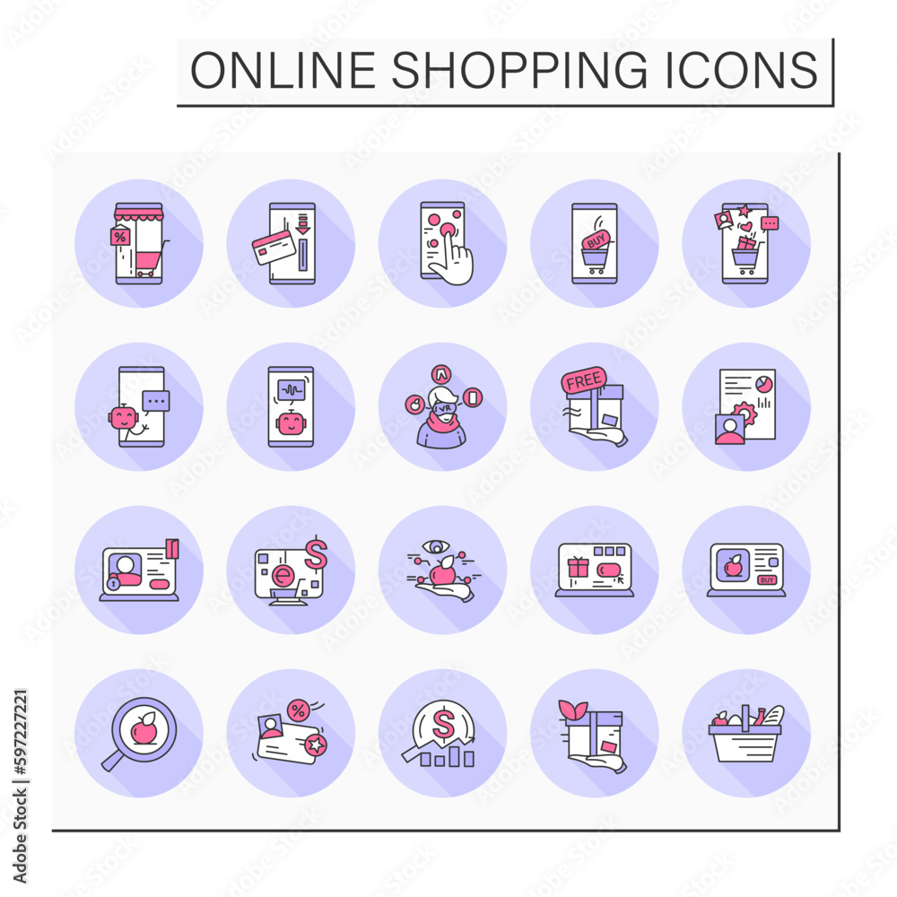 E-commerce color icons set. Modern outline symbols and pictograms for business, online shopping and e-commerce concepts. Mobile retail store. Isolated vector illustration E-commerce color icons set. Modern outline symbols and pictograms for business, online shopping and e-commerce concepts. Mobile retail store. Isolated vector illustration