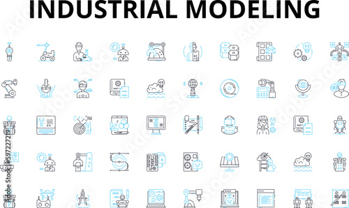 industrial modeling linear icons set. Factories, Manufacturing, Assembly, Automation, Robotics, D printing, Engineering vector symbols and line concept signs. Generative AI