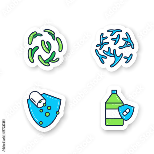 Probiotics stickers set. Bifidobacterium, lactobacillus, pills, vitamin B source. Medicine and healthcare badge for designs. Healthcare vector emblem