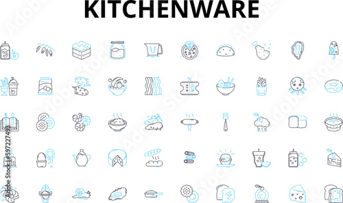 Kitchenware linear icons set. Cutlery, Cookware, Bakeware, Utensils, Dishware, Appliances, Gadgets vector symbols and line concept signs. Containers,Strainers,Mugs illustration Generative AI