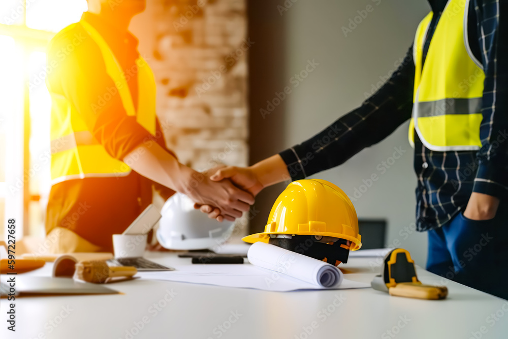 Engineering team shaking hands with yellow safety helmet on workplace desk. handshake of Construction team and architect or designer. Renovate, builder, plan, successful, cooperation, deal concept. Engineering team shaking hands with yellow safety helmet on workplace desk. handshake of Construction team and architect or designer. Renovate, builder, plan, successful, cooperation, deal concept.