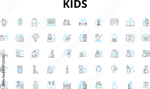 Kids linear icons set. Innocence, Playful, Adventure, Imagination, Curiosity, Joy, Laughter vector symbols and line concept signs. Energy,Exploration,Creativity illustration Generative AI