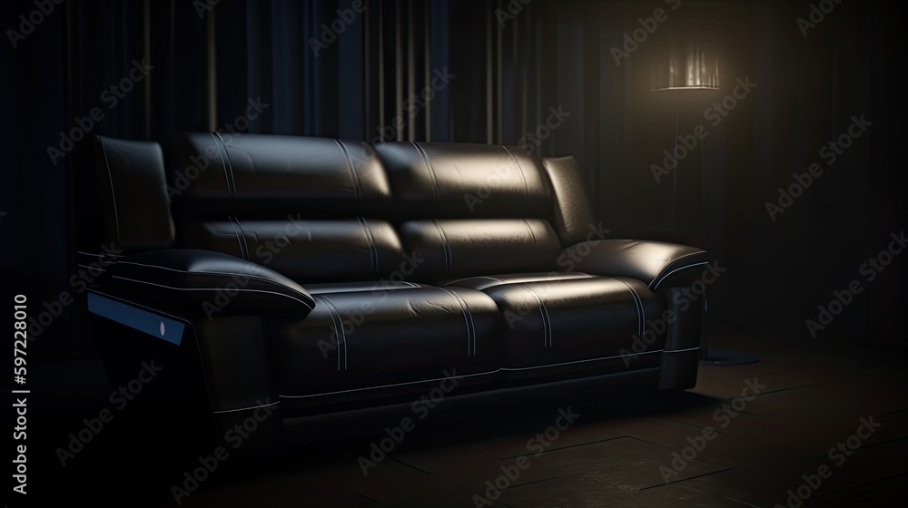 Black leather sofa where you long for every afternoon after a tiring day at work. Generative AI Technology Black leather sofa where you long for every afternoon after a tiring day at work. Generative AI Technology