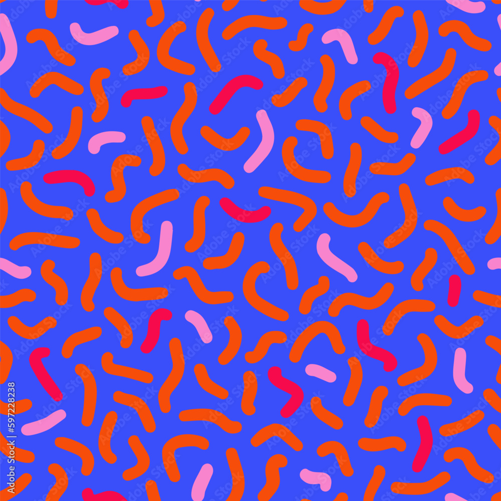 Random squiggle seamless pattern. Geometric abstract scribble ornament. 90s aesthetic vector design for textile, background, fabric, print, cover, wallpaper, backdrop. Random squiggle seamless pattern. Geometric abstract scribble ornament. 90s aesthetic vector design for textile, background, fabric, print, cover, wallpaper, backdrop.