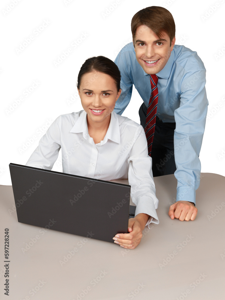Business people making report with laptop isolated on white background Business people making report with laptop isolated on white background
