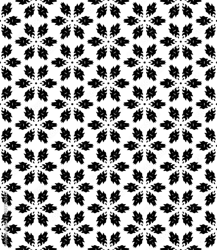 Black and white seamless abstract pattern. Background and backdrop. Grayscale ornamental design. Mosaic ornaments. Vector graphic illustration. EPS10.