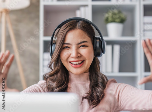 Wallpaper Mural Asian girl student online learning class study online video call zoom teacher, Happy asian girl learn english language online with computer laptop.. Torontodigital.ca