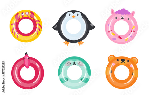 Inflatable swimming rings set. Pool party toys. Summer floating rubber accessories collection