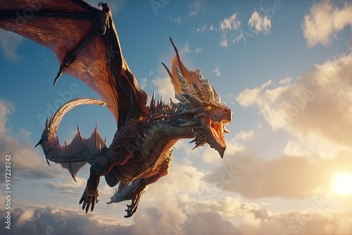 A large dragon flying through a cloudy sky, created with Generative Ai Technology © pham