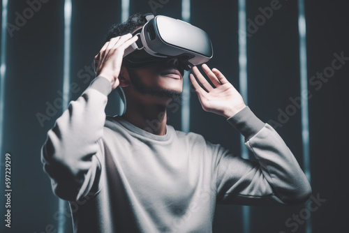 A Businessman using virtual reality VR headset for work in the office. A man wearing VR glasses at co working space. Concept of innovation, lifestyle, Metaverse, entertainment, digital, AR, futuristic © THE STARBOY94