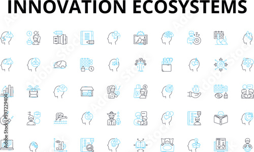 Innovation ecosystems linear icons set. Collaboration, Technology, Creativity, Entrepreneurship, Diversity, Incubators, Accelerators vector symbols and line concept signs. Generative AI