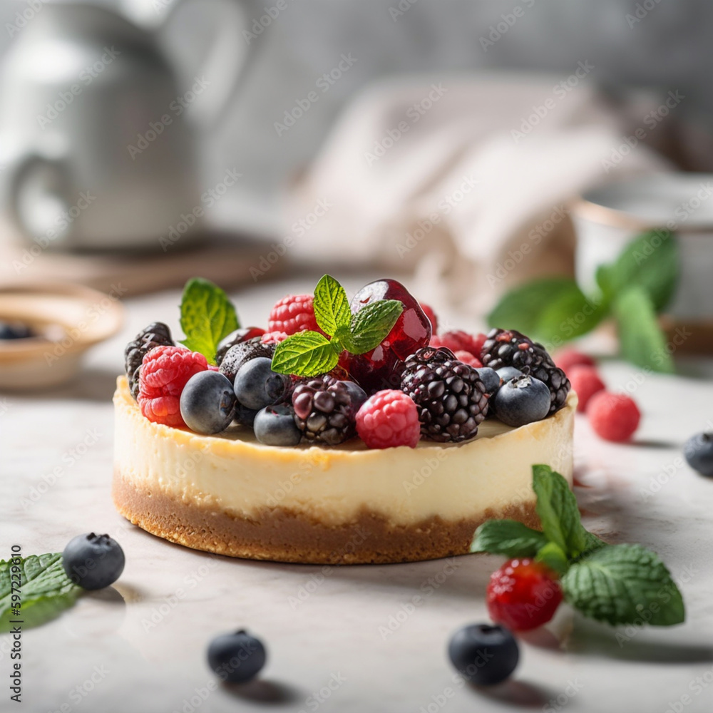 Photo of a delicious cheesecake, food photography. Generative AI. Photo of a delicious cheesecake, food photography. Generative AI.
