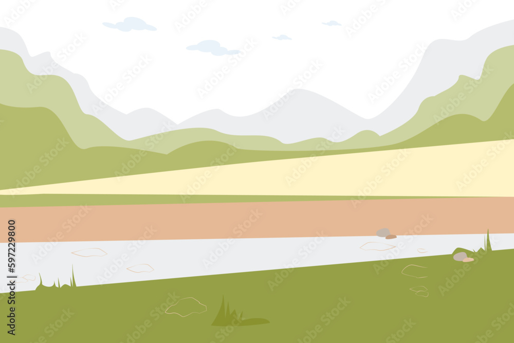 Obraz premium Nature background with mountains, road, rocks, sky and clouds. Vector illustration for decoration, postcards, print, fabric