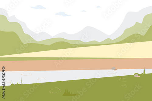 Nature background with mountains  road  rocks  sky and clouds. Vector illustration for decoration  postcards  print  fabric
