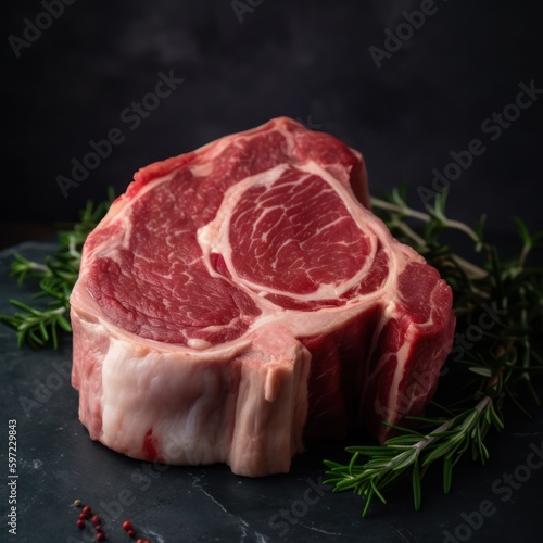 Uncooked juicy lamb chop, freshly sliced, on a dark background - Generated by Generative AI