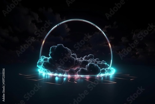 abstract cloud illuminated with neon light ring on dark night sky. Glowing geometric shape with round frame, created with Generative Ai Technology