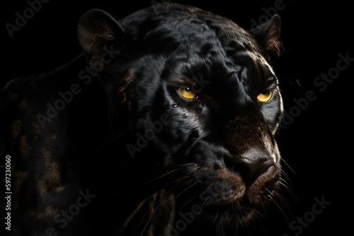 A close up of a black leopard with yellow eyes, created with Generative Ai Technology © pham
