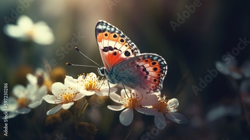 Wild flowers in spring and a butterfly. Generative AI. © EUDPic