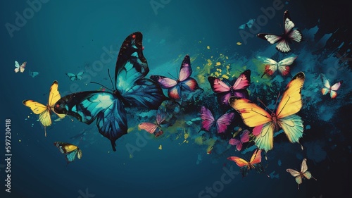 On a blue background  multi-coloured butterflies fly out of the oil paint. Generative AI.