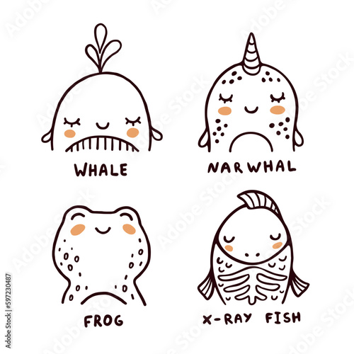 Whale, narwhal, frog and x-ray fish vector illustrations set