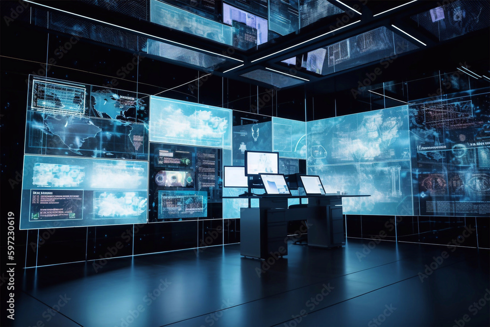 futuristic office surrounded by screens, created with Generative AI futuristic office surrounded by screens, created with Generative AI