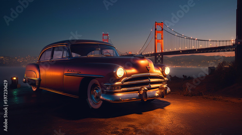 Lowrider with custom paint job, nightlife, and neon driving through San Francisco Golden Gate Bridge, wide point of view, generative ai © coco
