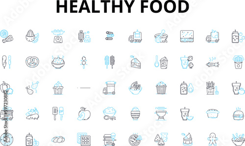 Healthy food linear icons set. Nutritious, Wholesome, Organic, Balanced, Fresh, Sustainable, Clean vector symbols and line concept signs. Vitamin-rich,Fiber-rich,Low-calorie illustration