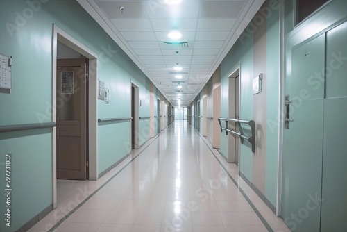 A long hallway in a hospital with light green walls, created with Generative Ai Technology