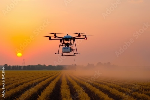 Drones spray fertilizer on the field at sunset. Generative AI © YouraPechkin