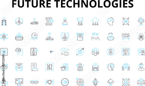 Future technologies linear icons set. Robotics, Drs, Augmented Reality, Virtual Reality, Biotechnology, Nanotechnology, Quantum Computing vector symbols and line concept signs. Artificial Intelligence
