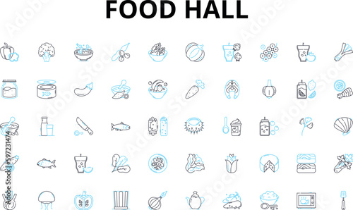 Food hall linear icons set. Variety, Cuisine, Foodie, Gourmet, Local, Artisan, Fresh vector symbols and line concept signs. Global,Selection,Eateries illustration