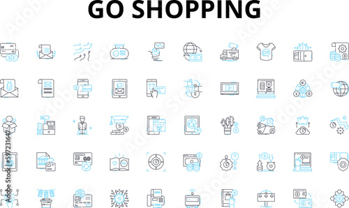 Go shopping linear icons set. Retail, Mall, Groceries, Boutique, Megastore, Outlet, Shopping cart vector symbols and line concept signs. Department store,Sales,Accessories illustration