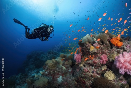 A scuba diver swims over a colorful coral reef, created with Generative Ai Technology