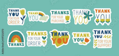 Thank you stickers. Labels for small business. Text with flowers  tulips  rainbow  heart. Flat vector illustration set.