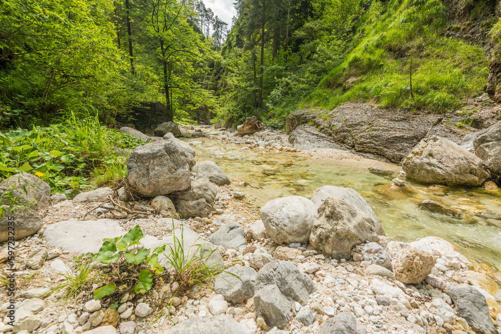 View on an alpine river with clear water and rocks, boulders in the water and on the river banks. Trees are growing at the riverbanks. Almbachklamm, Germany View on an alpine river with clear water and rocks, boulders in the water and on the river banks. Trees are growing at the riverbanks. Almbachklamm, Germany