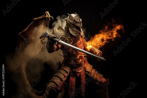 A dragon knight holding a sword isolated on black background, created with Generative Ai Technology