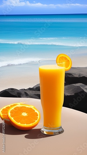 splash of juicy orange juice on blue ice beach glass orange slices