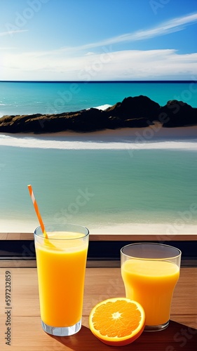 splash of juicy orange juice on blue ice beach glass orange slices