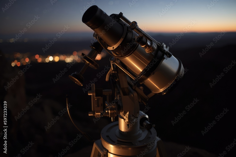 A photograph of a telescope in a remote, mountaintop observatory, Generative AI A photograph of a telescope in a remote, mountaintop observatory, Generative AI