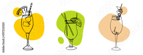 Line art drawing of exotic cocktail drinks