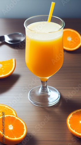 splash of juicy orange juice on blue ice beach glass orange slices