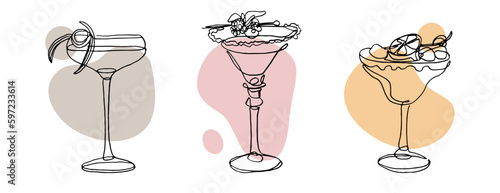 continuous line drawing of exotic cocktail drinks. vector