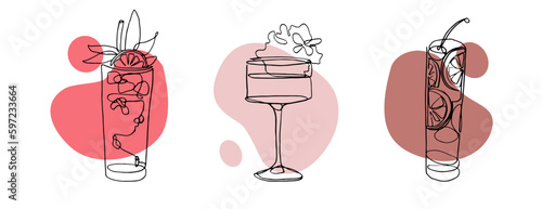 continuous line drawing of exotic cocktail drinks. vector