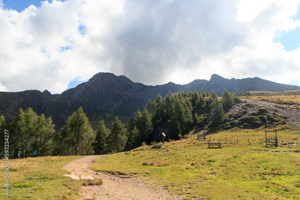 Fototapeta premium Hiking path and mountain Hirzer in Saltaus, South Tyrol, Italy