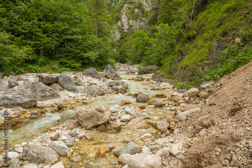 View on an alpine river with clear water and rocks, boulders in the water and on the river banks. Trees are growing at the riverbanks. Almbachklamm, Germany