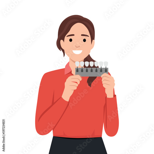 Woman holds device to determine shade of teeth passes test for quality of toothpaste. Long-haired girl demonstrates snow-white smile after whitening procedure at dentist. Flat vector