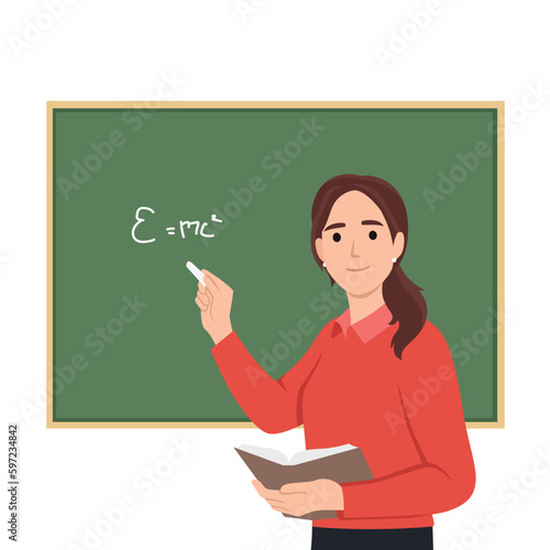 The teacher is giving a lesson in front of the blackboard. Flat vector